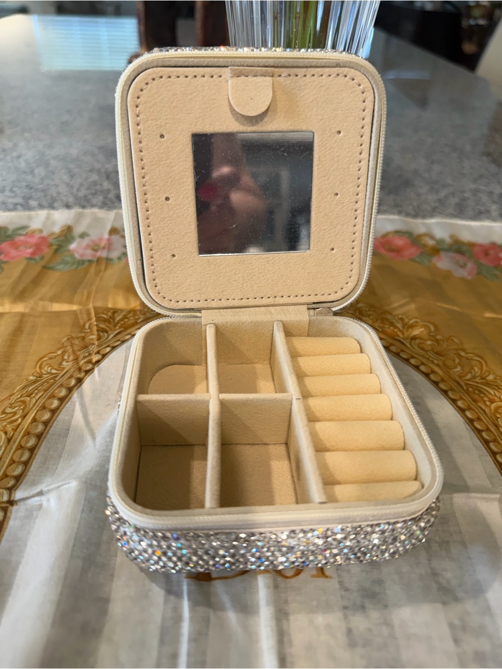 Sparkling Rhinestone Travel Jewelry Case in Beige